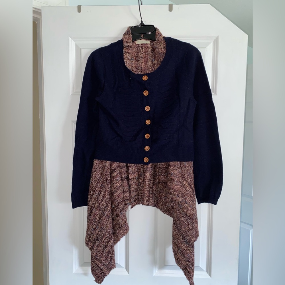 Anthropologie Sleeping On Snow cardigan sweater Sz M asymmetrical hem navy blue